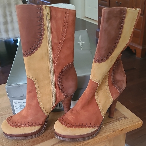 Vince Camuto Platform High Heeled Mustard Kid Suede Calf Boots Size 7.5 - Picture 1 of 7
